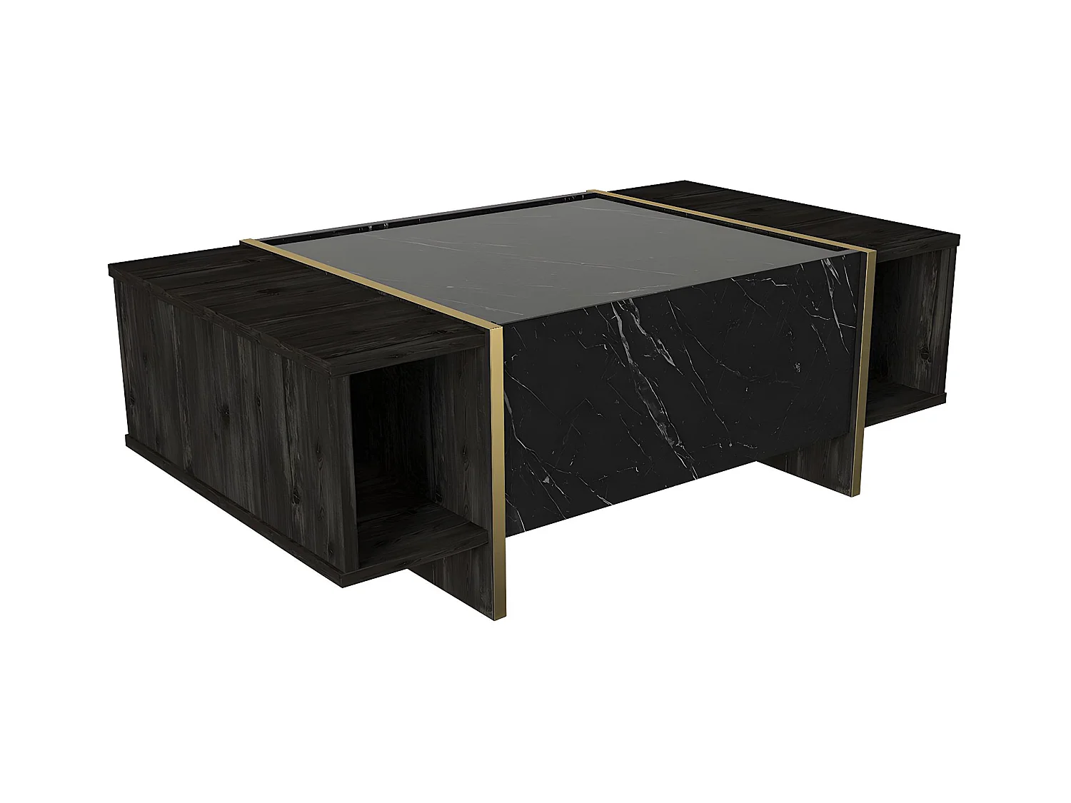 Mesa de centro com 1 porta e 2 nichos, efeito mármore preto, natural escuro e dourado - CADEBA II