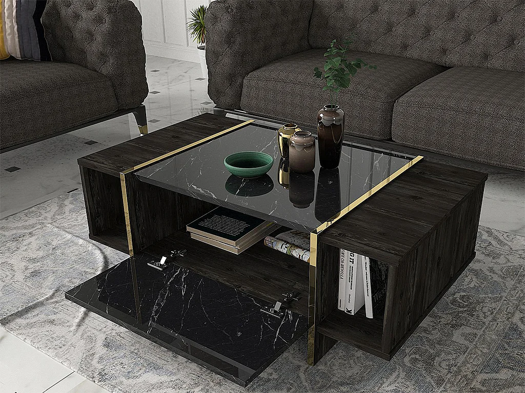 Mesa de centro com 1 porta e 2 nichos, efeito mármore preto, natural escuro e dourado - CADEBA II