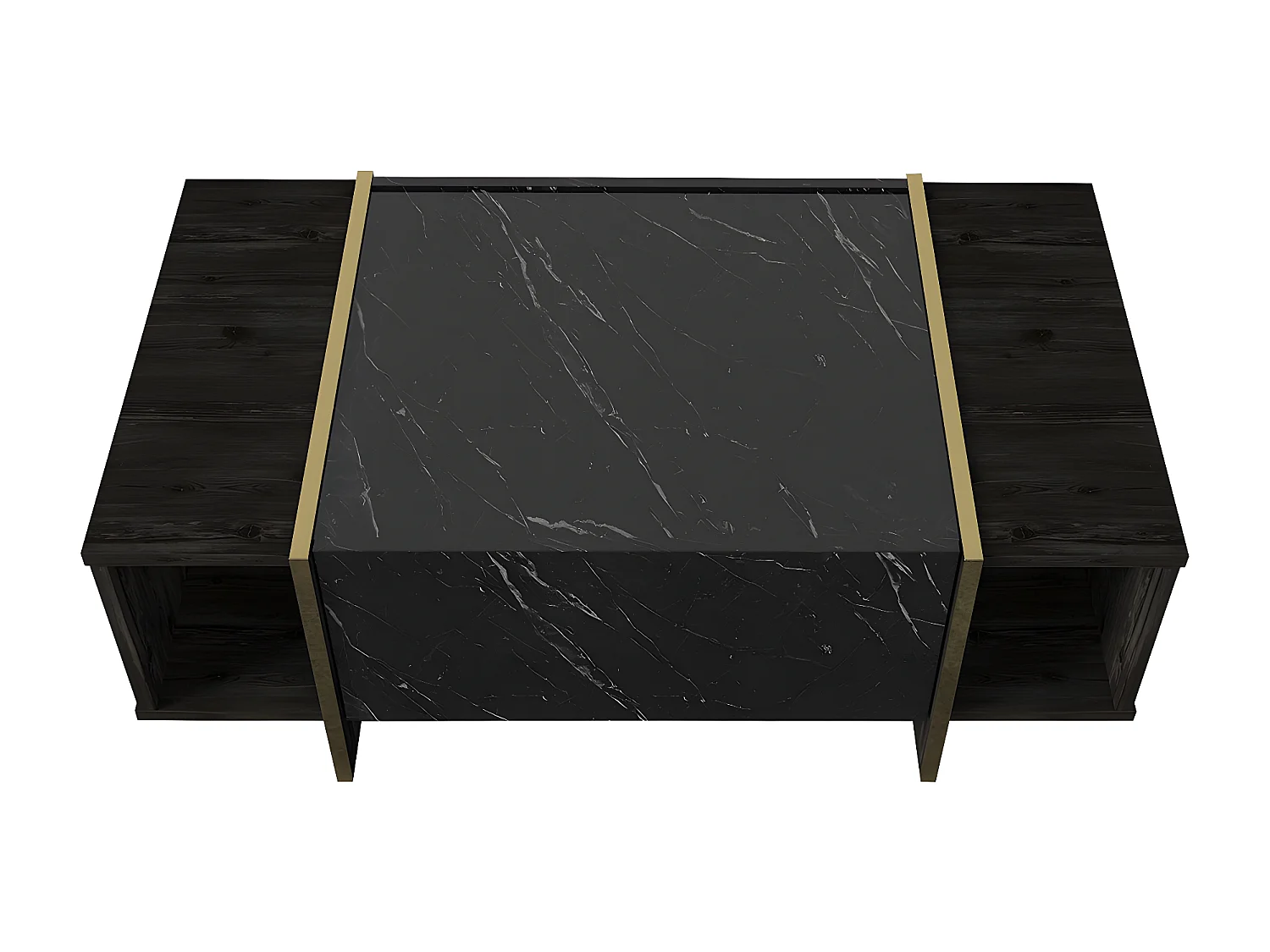 Salontafel met 1 deurtje en 2 nissen - Zwart marmereffect, donker naturel en goudkleurig - CADEBA II