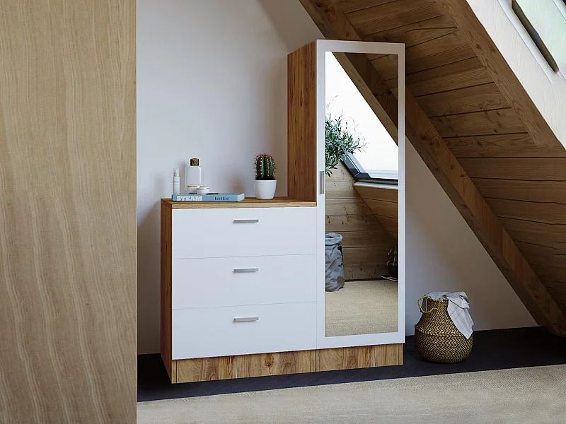 Kast met 3 lades en element met spiegel - Wit en houtlook - VITORIO
