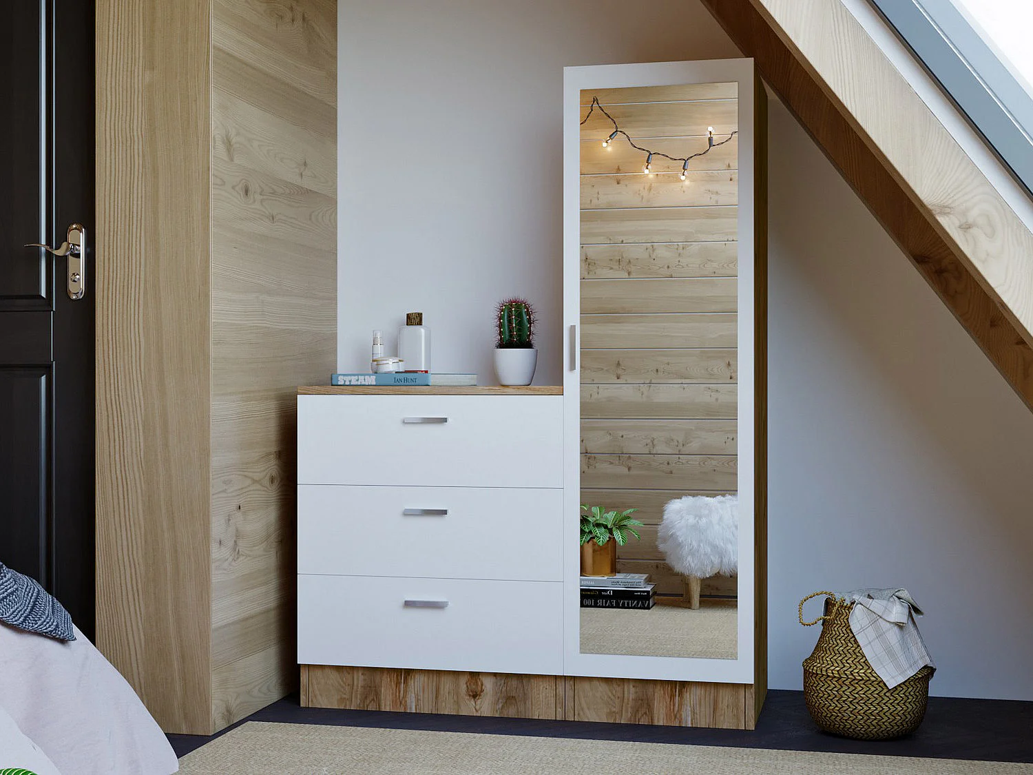 Commode 3 tiroirs avec armoire et miroir - Blanc et naturel - VITORIO