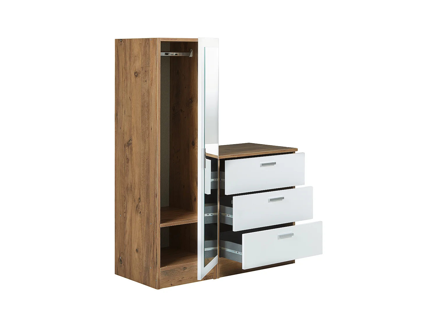 Kast met 3 lades en element met spiegel - Wit en houtlook - VITORIO