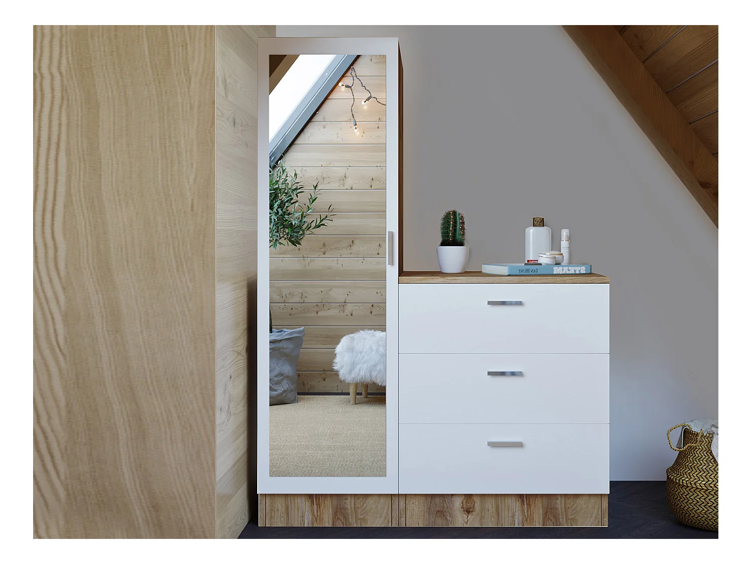 Kast met 3 lades en element met spiegel - Wit en houtlook - VITORIO