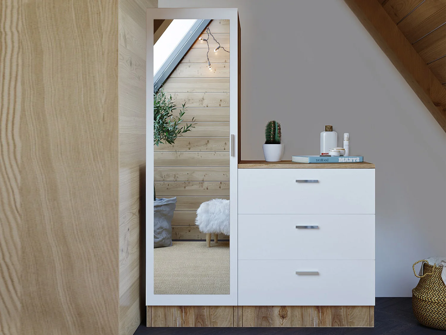 Kast met 3 lades en element met spiegel - Wit en houtlook - VITORIO