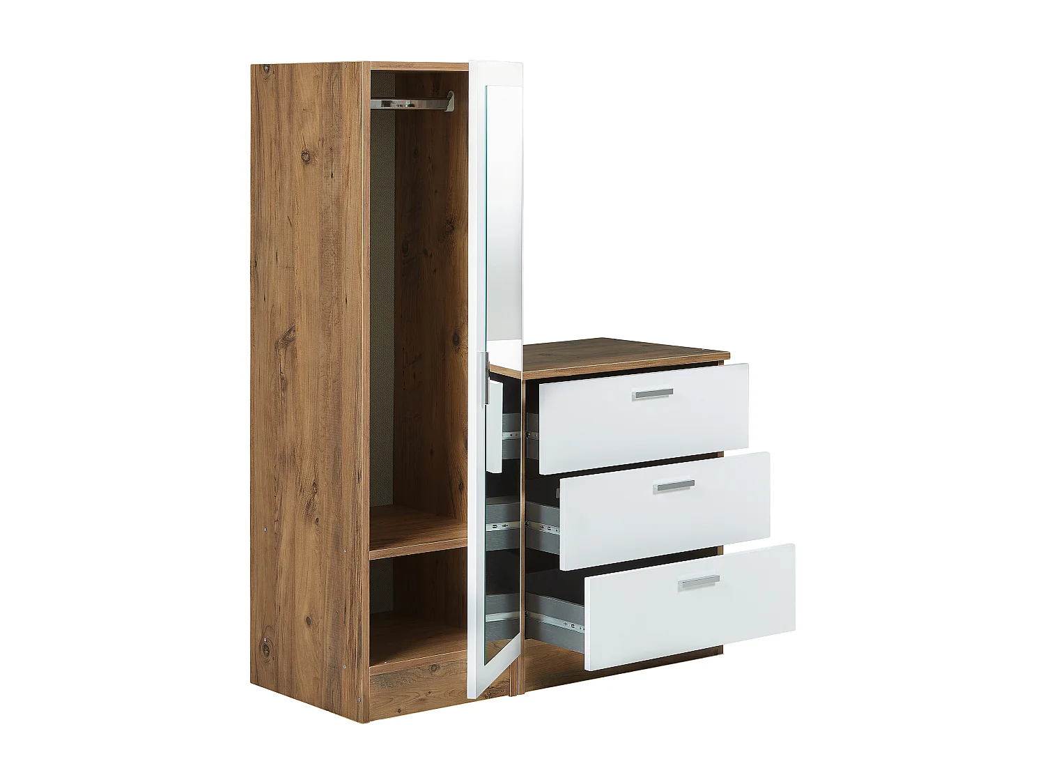 Kast met 3 lades en element met spiegel - Wit en houtlook - VITORIO