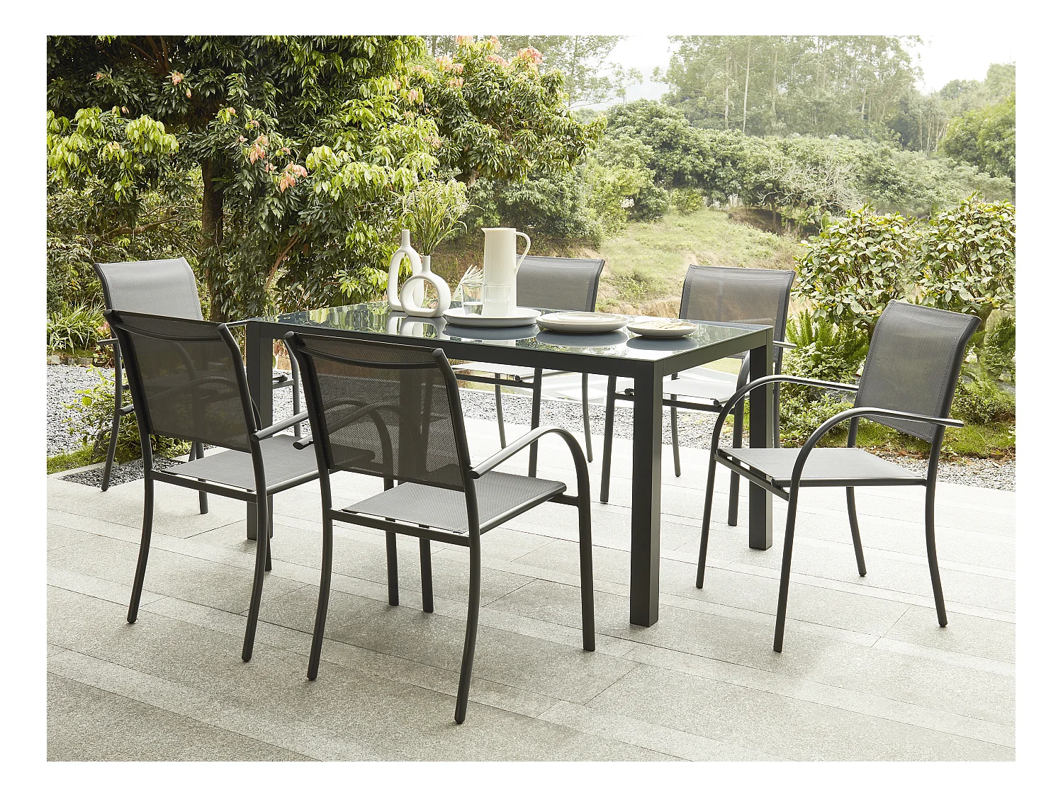 Juego de 2 sillones de jardín apilables de aluminio y textileno - Gris antracita - JOLANE