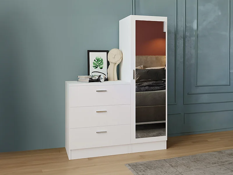 Commode 3 tiroirs avec armoire et miroir - Blanc - VITORIO