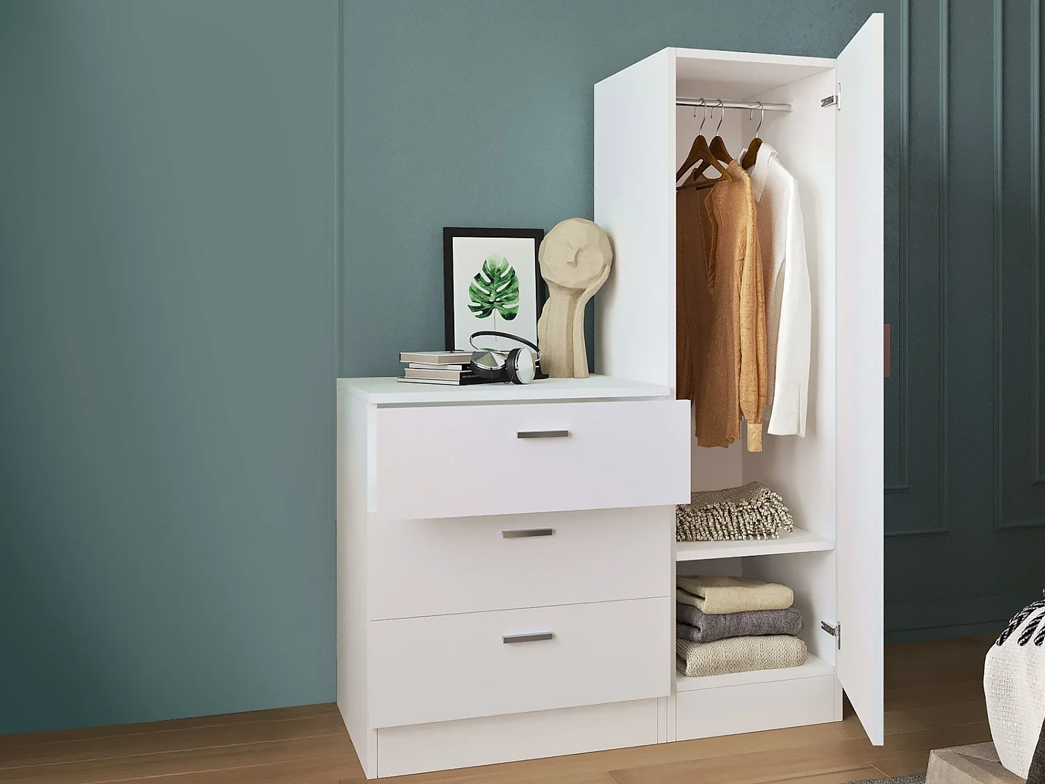 Commode 3 tiroirs avec armoire et miroir - Blanc - VITORIO