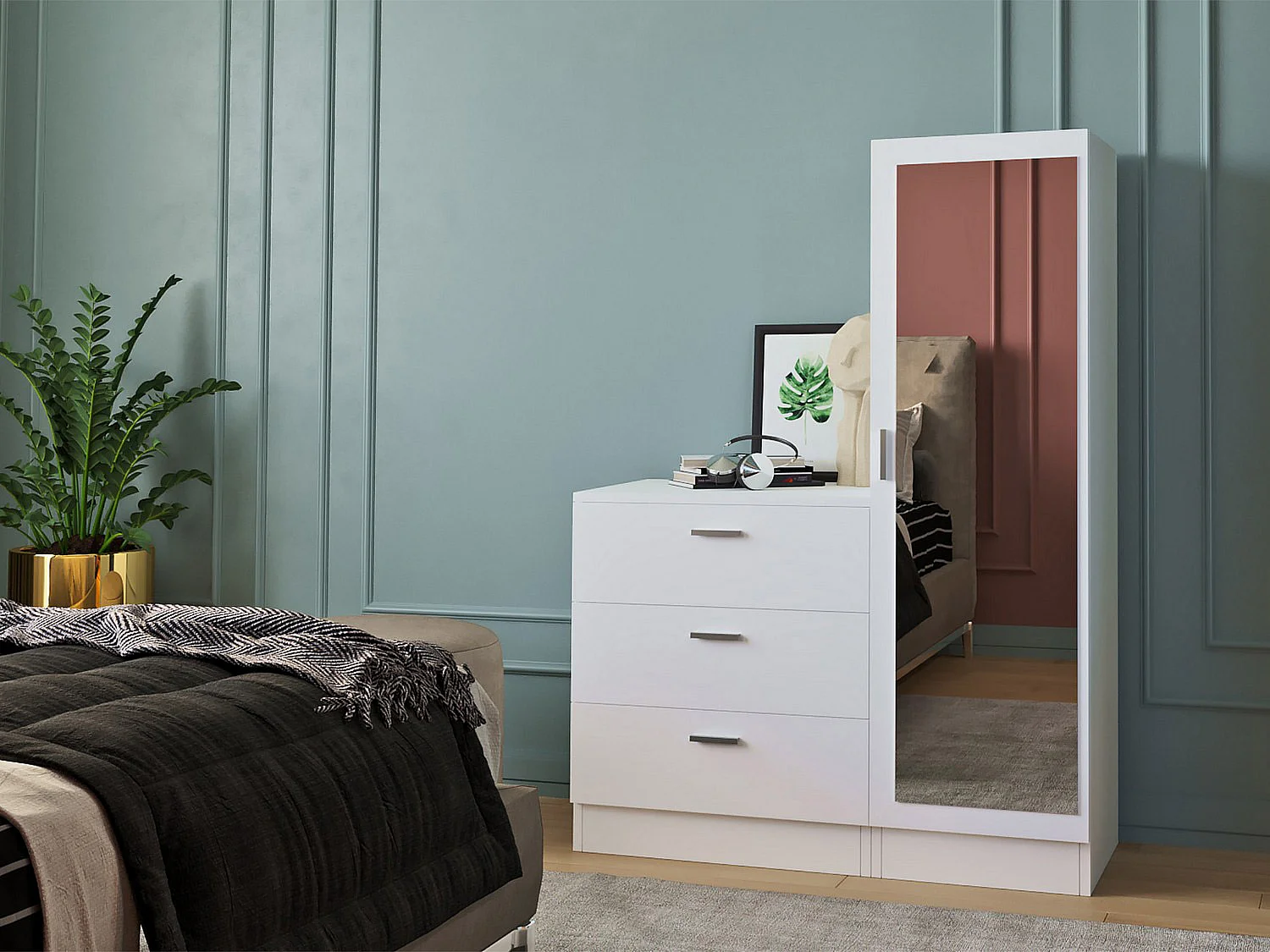 Commode 3 tiroirs avec armoire et miroir - Blanc - VITORIO