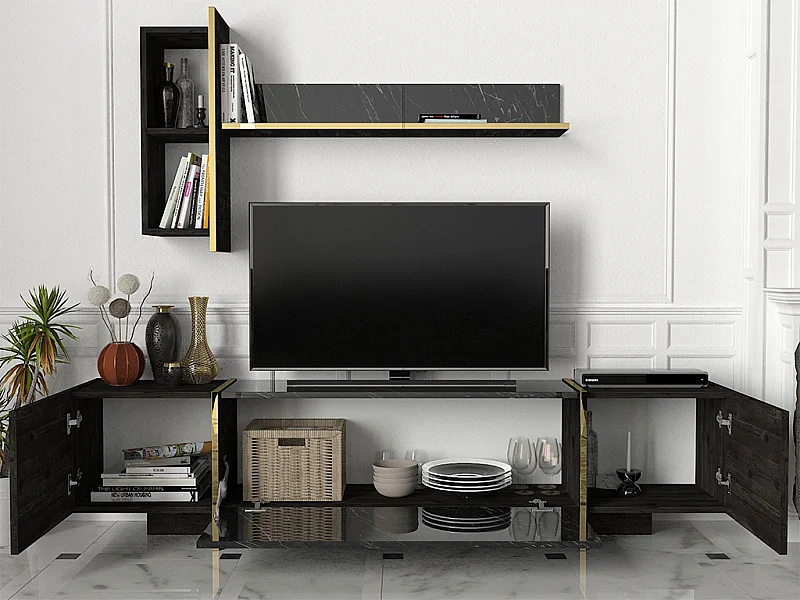 Ensemble TV avec rangements - Effet marbre noir, naturel foncé et doré - CADEBA II
