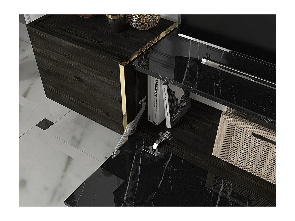 Ensemble TV avec rangements - Effet marbre noir, naturel foncé et doré - CADEBA II