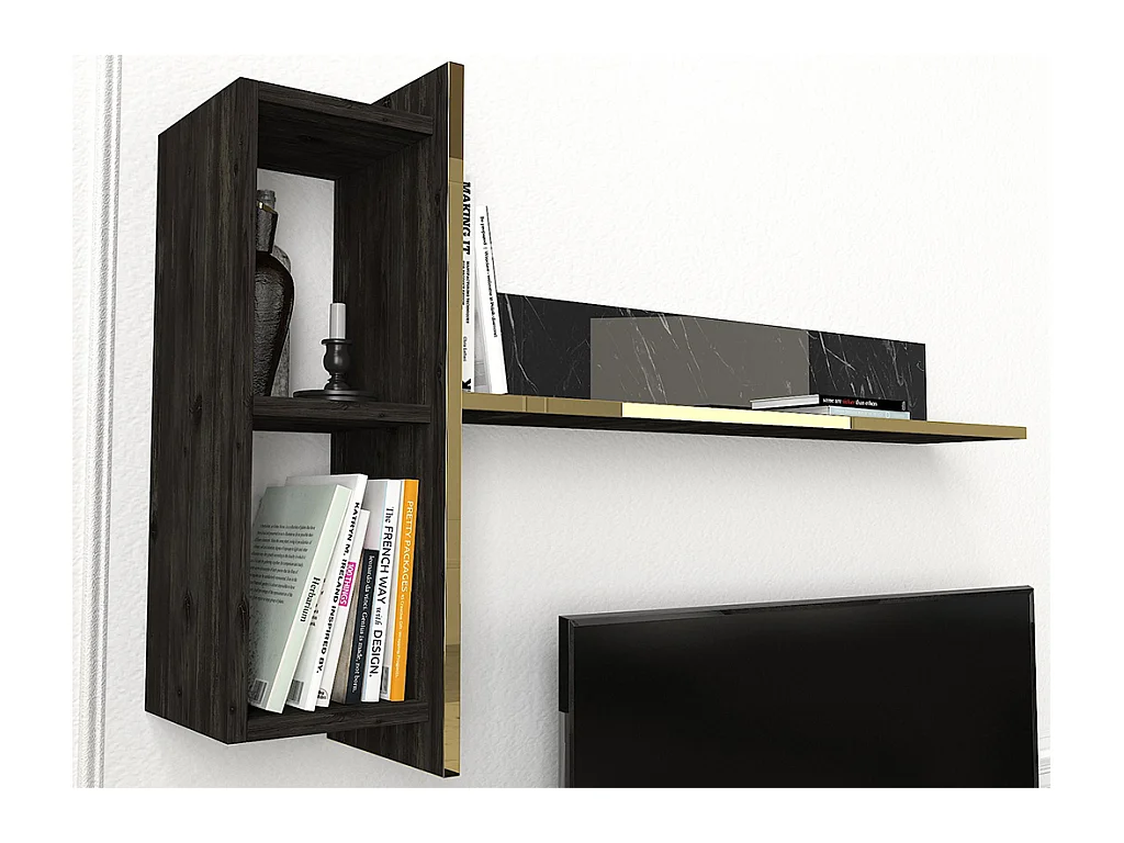 Ensemble TV avec rangements - Effet marbre noir, naturel foncé et doré - CADEBA II
