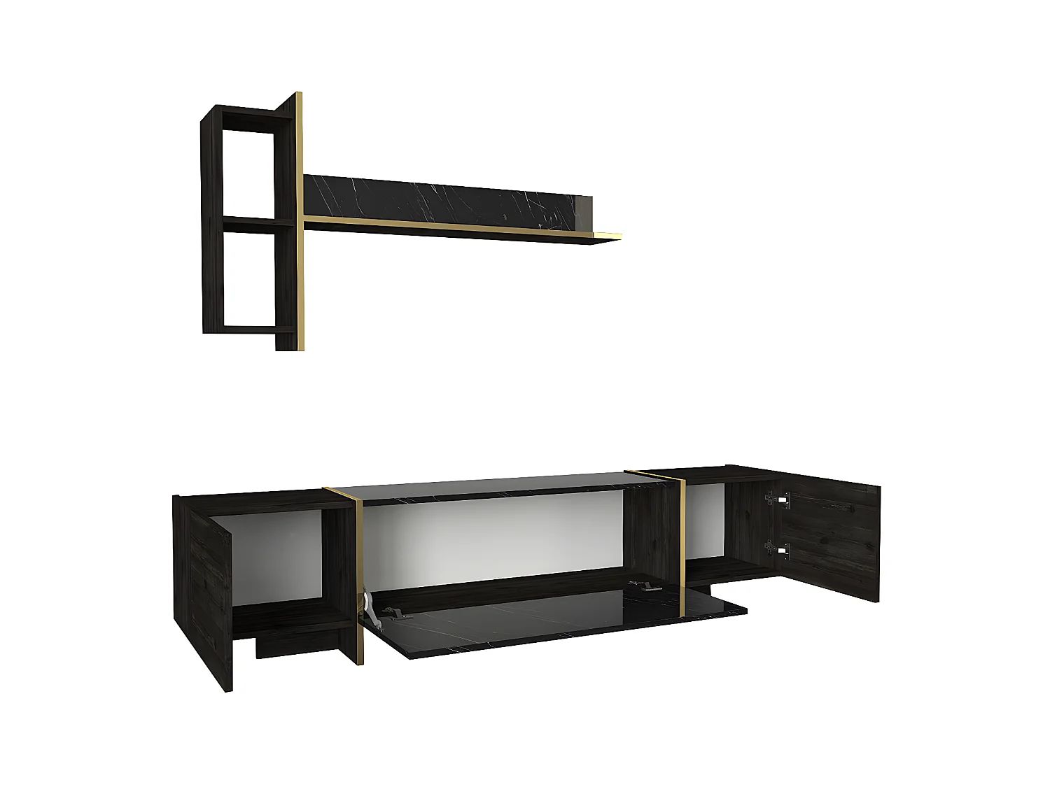 Ensemble TV avec rangements - Effet marbre noir, naturel foncé et doré - CADEBA II