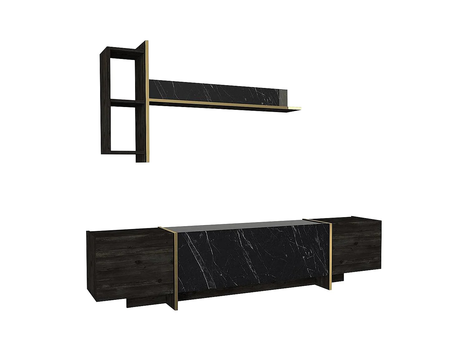 Ensemble TV avec rangements - Effet marbre noir, naturel foncé et doré - CADEBA II