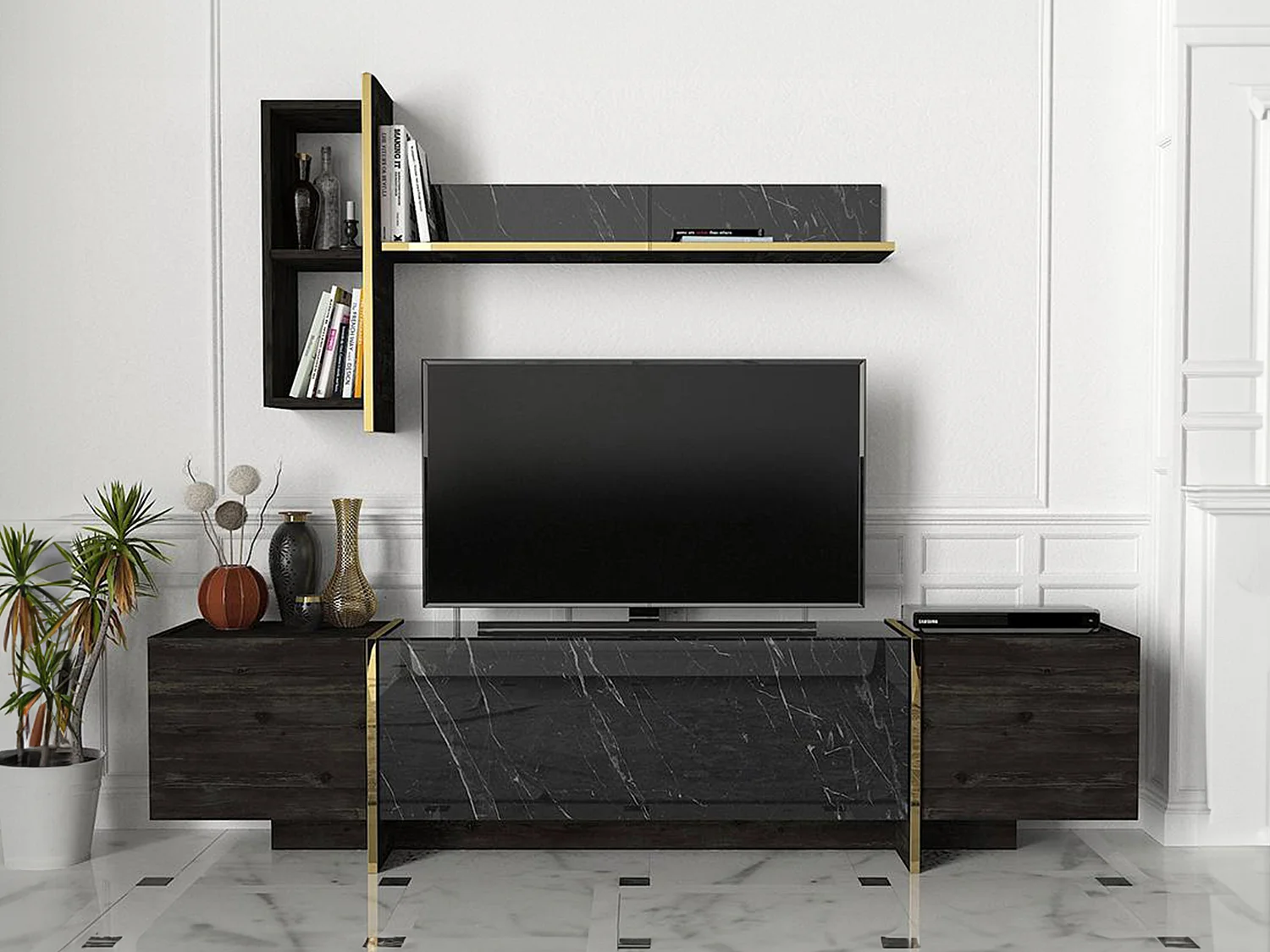 Ensemble TV avec rangements - Effet marbre noir, naturel foncé et doré - CADEBA II