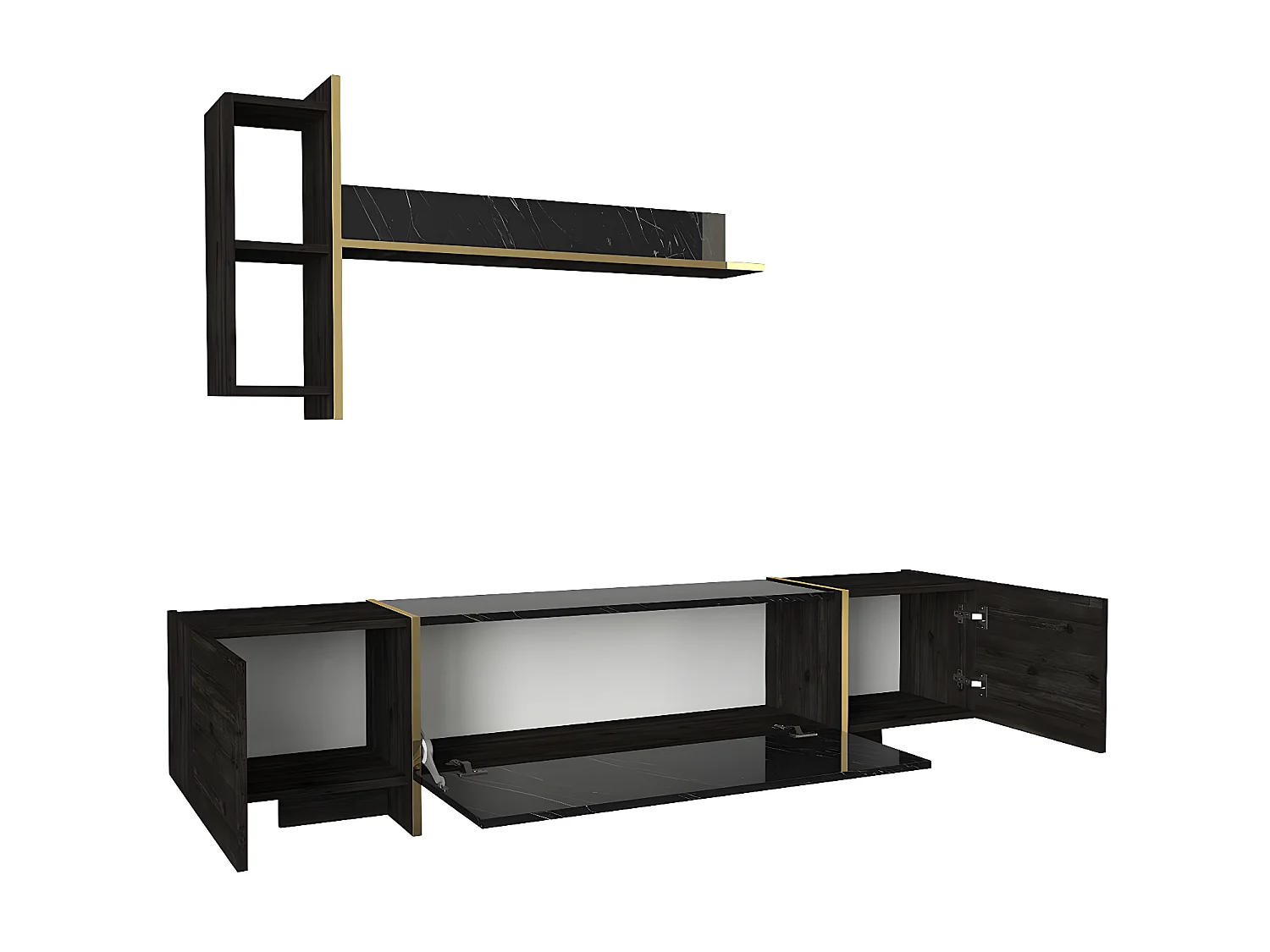 Set TV con scomparti Effetto marmo Nero, Naturale scuro e Dorato - CADEBA II