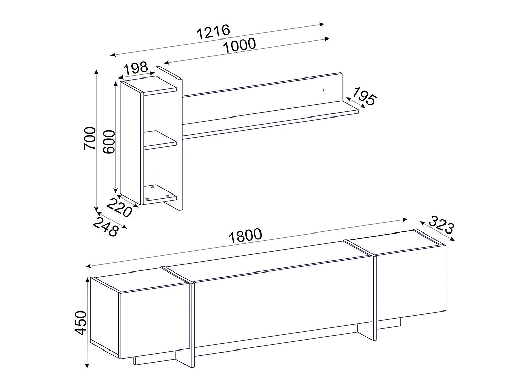 Set TV con scomparti Effetto marmo Nero, Naturale scuro e Dorato - CADEBA II