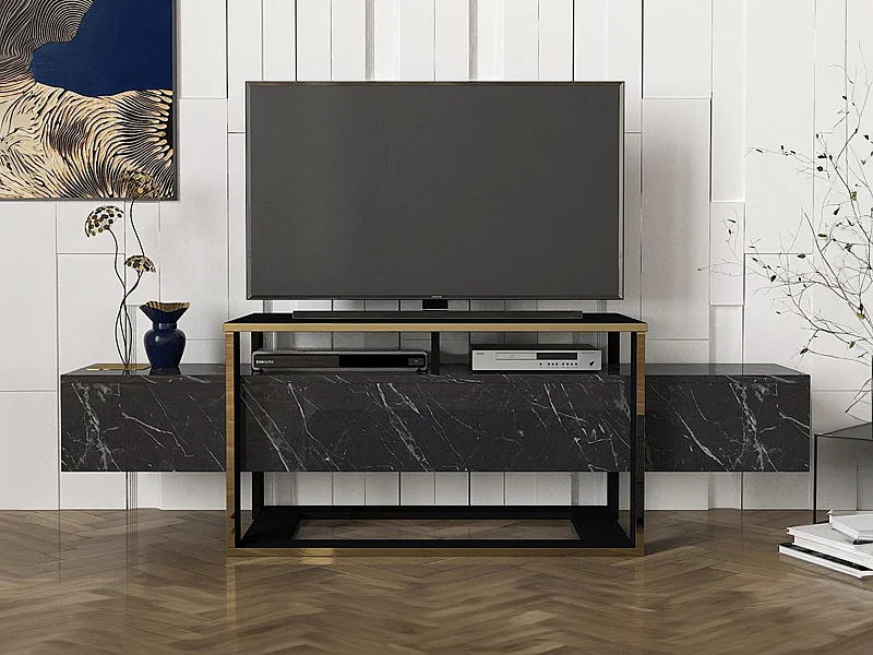 Móvel de TV com 2 nichos, efeito mármore preto e dourado - COMEBI II