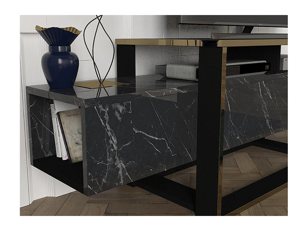 Móvel de TV com 2 nichos, efeito mármore preto e dourado - COMEBI II