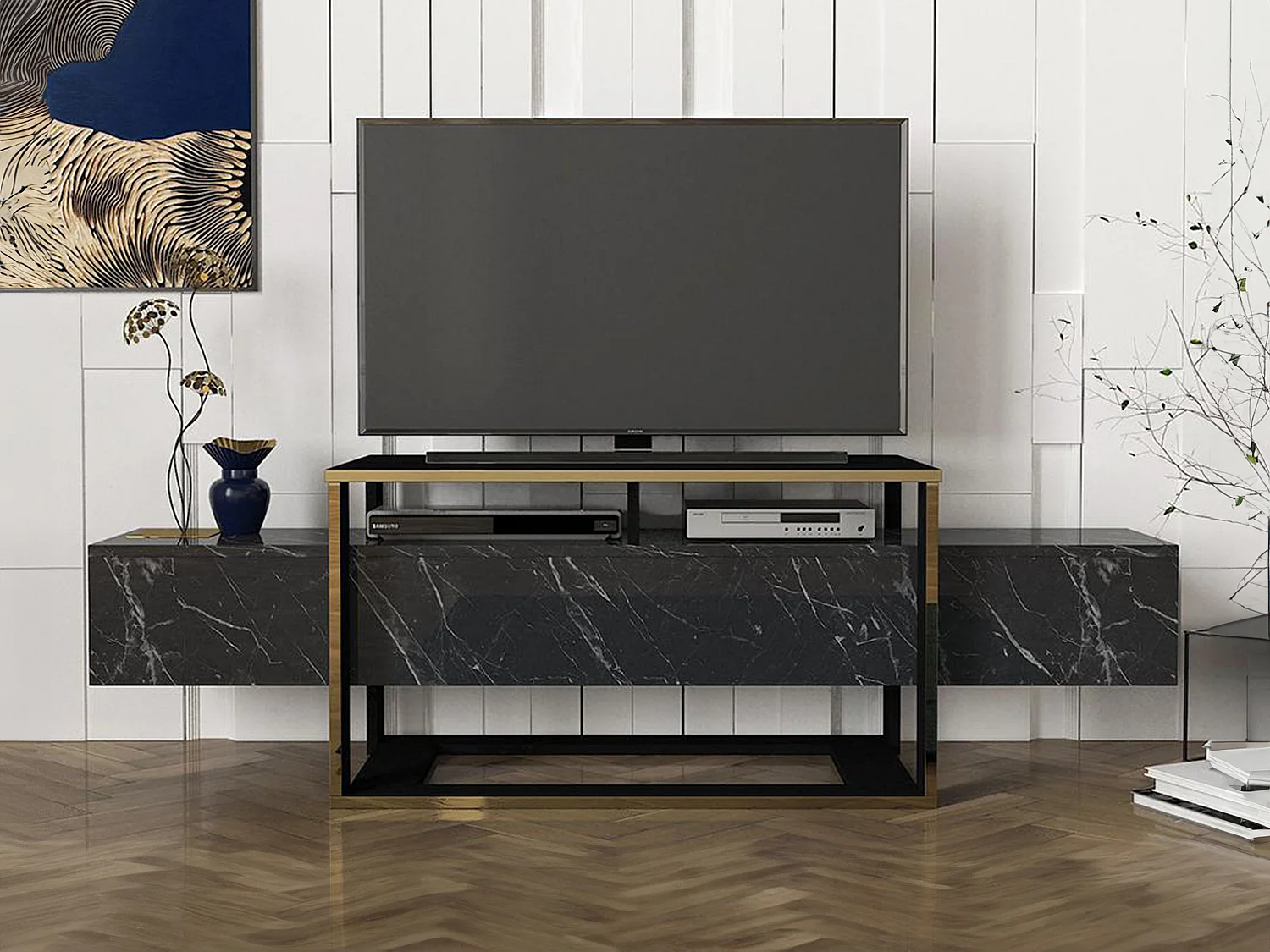 Móvel de TV com 2 nichos, efeito mármore preto e dourado - COMEBI II