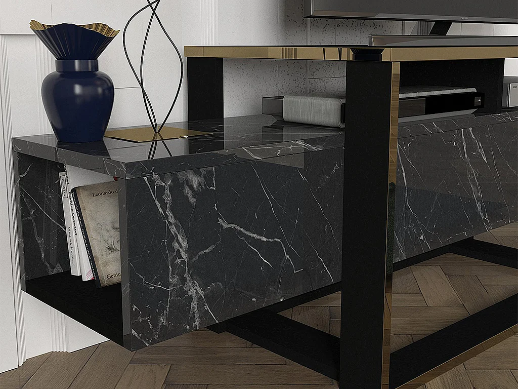 Tv-meubel met 2 nissen - Zwart marmereffect en goudkleurig - COMEBI II