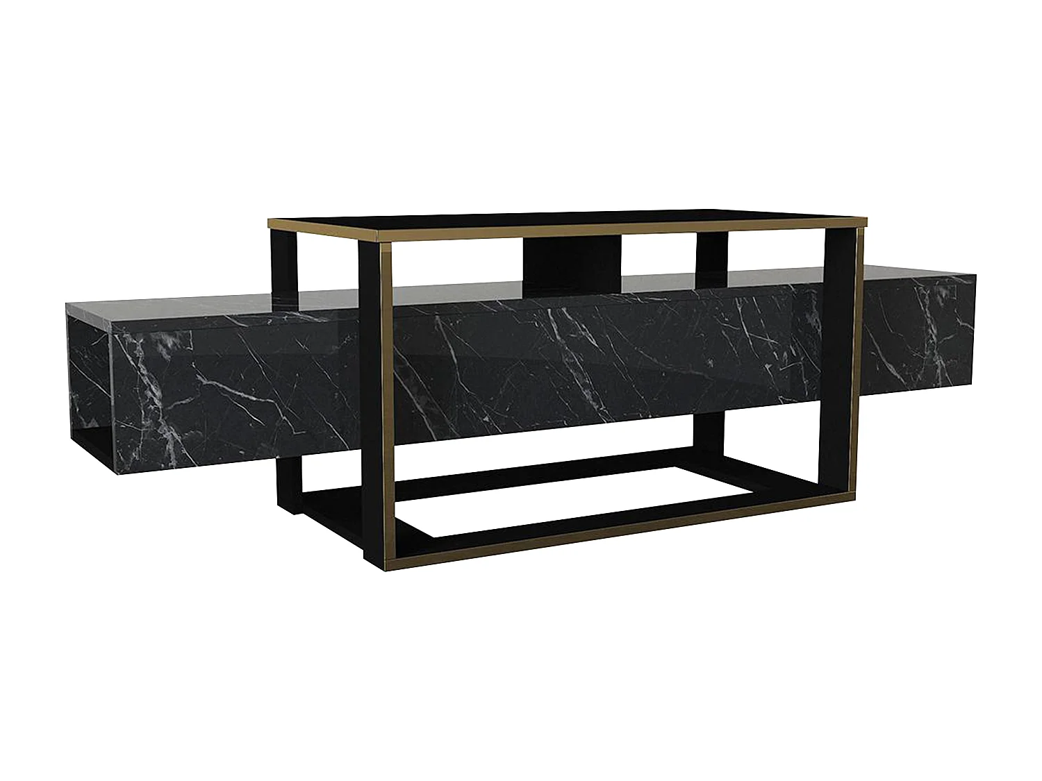 Tv-meubel met 2 nissen - Zwart marmereffect en goudkleurig - COMEBI II