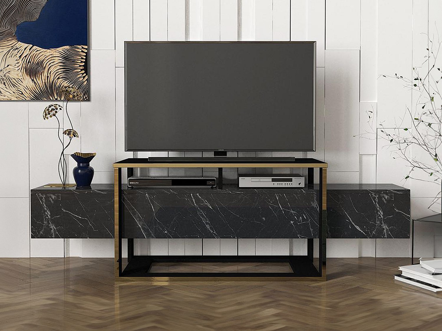 Vente-unique Tv-Möbel Mit 2 Ablagen - Marmor-Optik - Schwarz & Goldfarben - Comebi