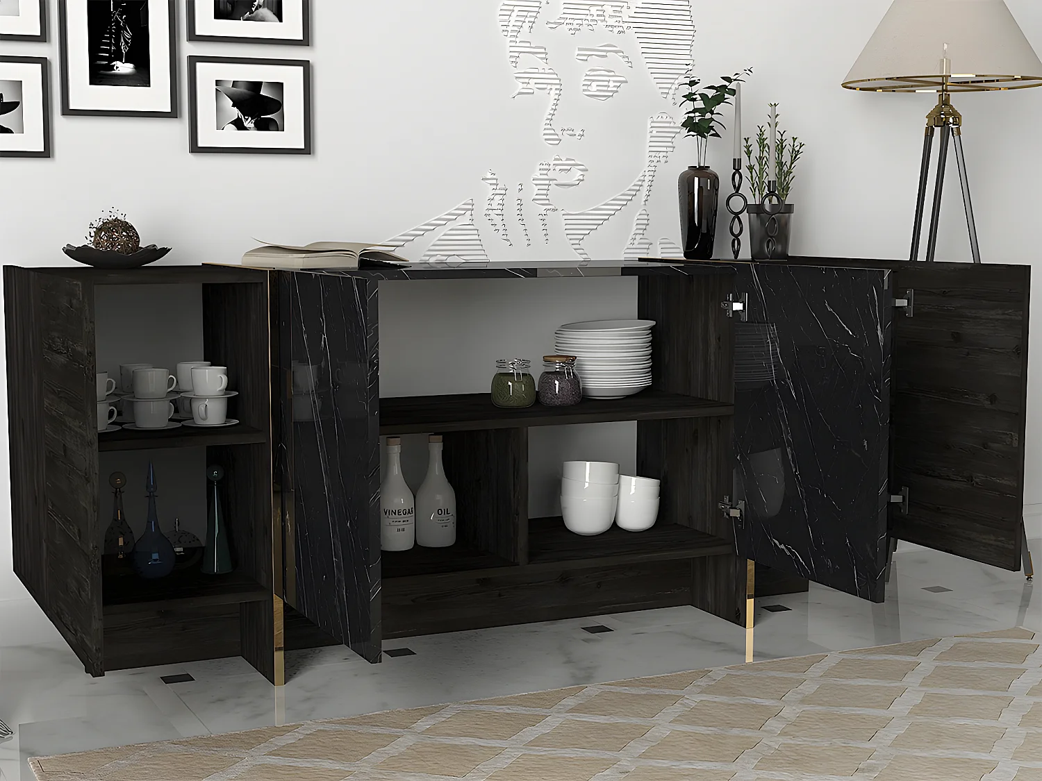 Sideboard mit 4 Türen – Marmor-Optik schwarz, dunkles Naturholz und Gold – CADEBA II