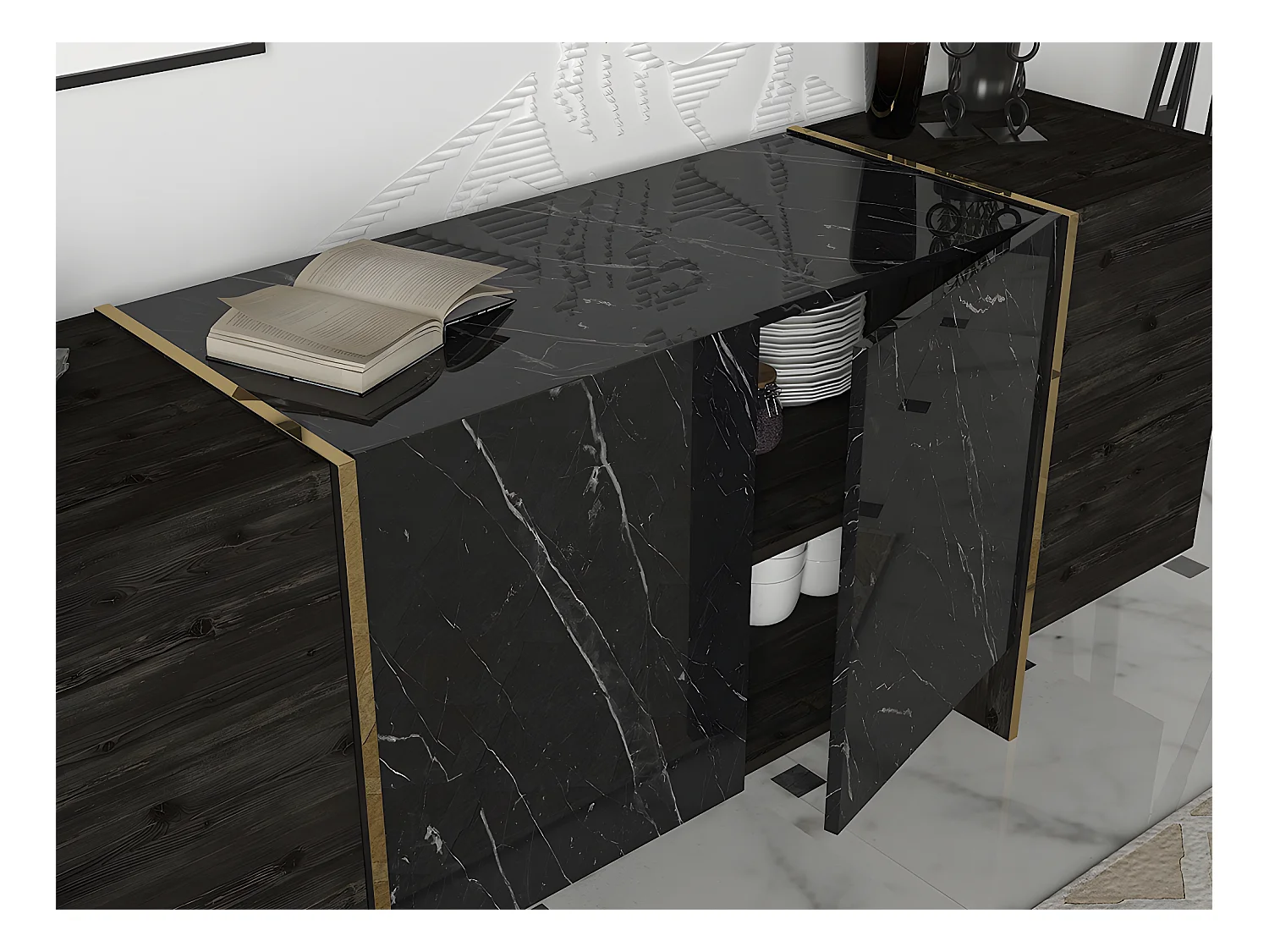Credenza con 4 ante Effetto marmo Nero, Naturale scuro e Dorato - CADEBA II