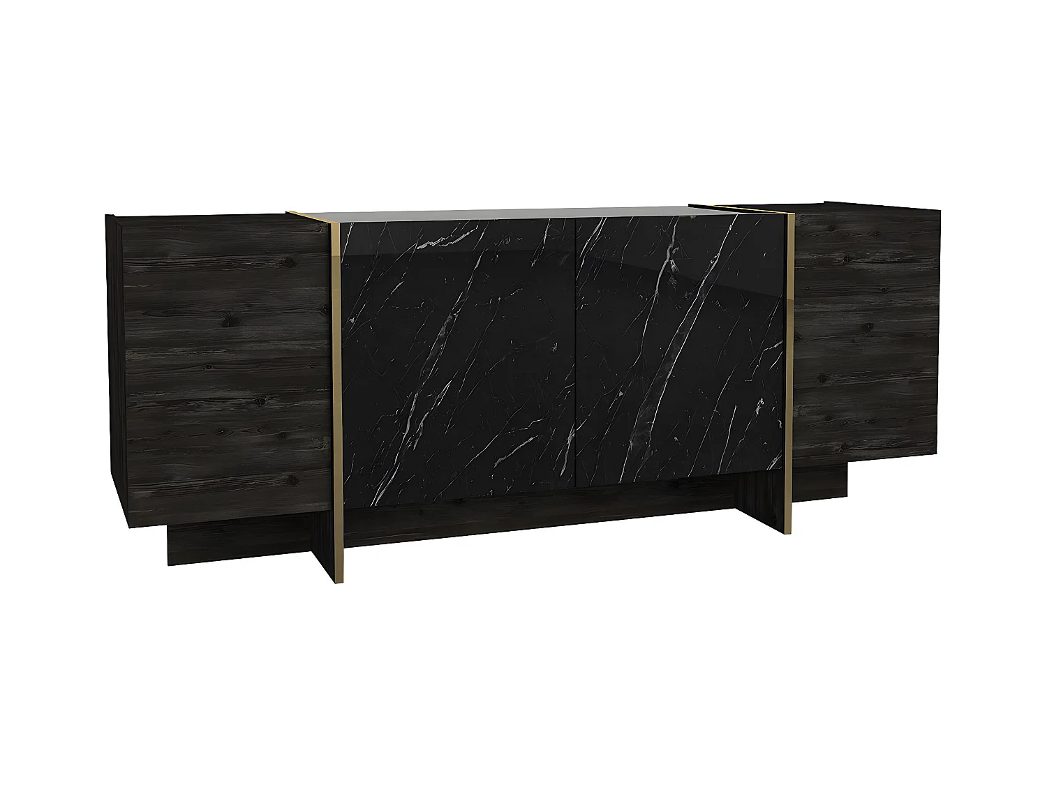 Credenza con 4 ante Effetto marmo Nero, Naturale scuro e Dorato - CADEBA II