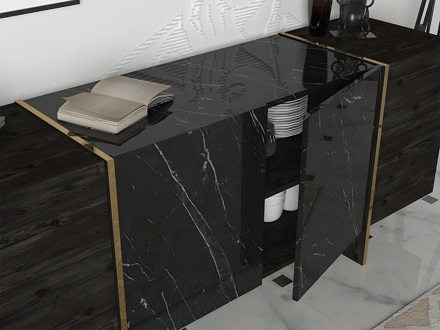 Komoda - 4 drzwiczki - Imitacja czarnego i złotego marmuru - CADEBA II