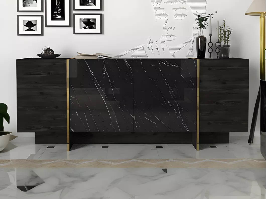 Kauf Unique Sideboard mit 4 Türen - Marmor-Optik Schwarz & Goldfarben - CADEBA