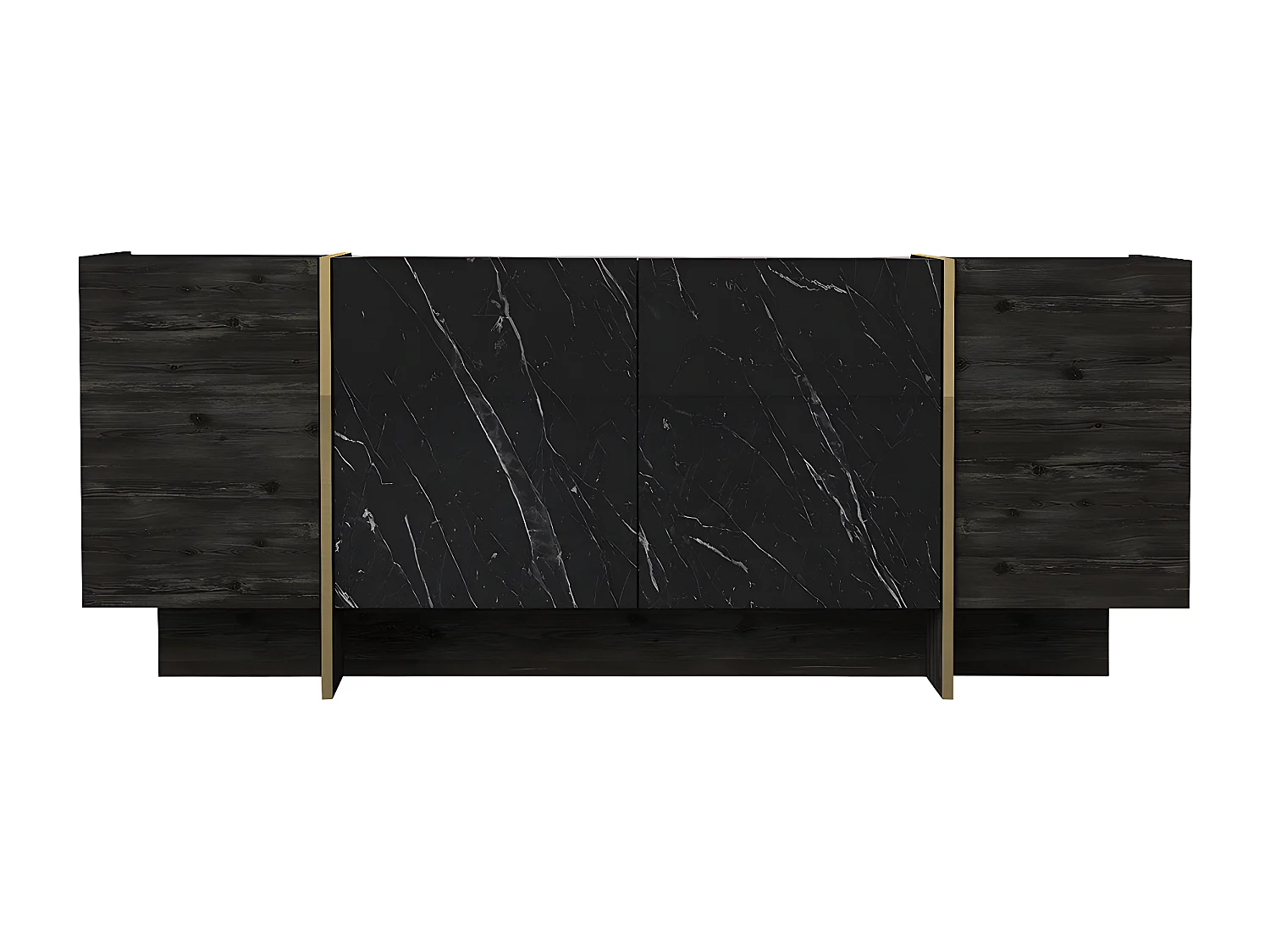 Skänk med 4 dörrar - Svart marmoreffekt, mörkt trä och guld - CADEBA II