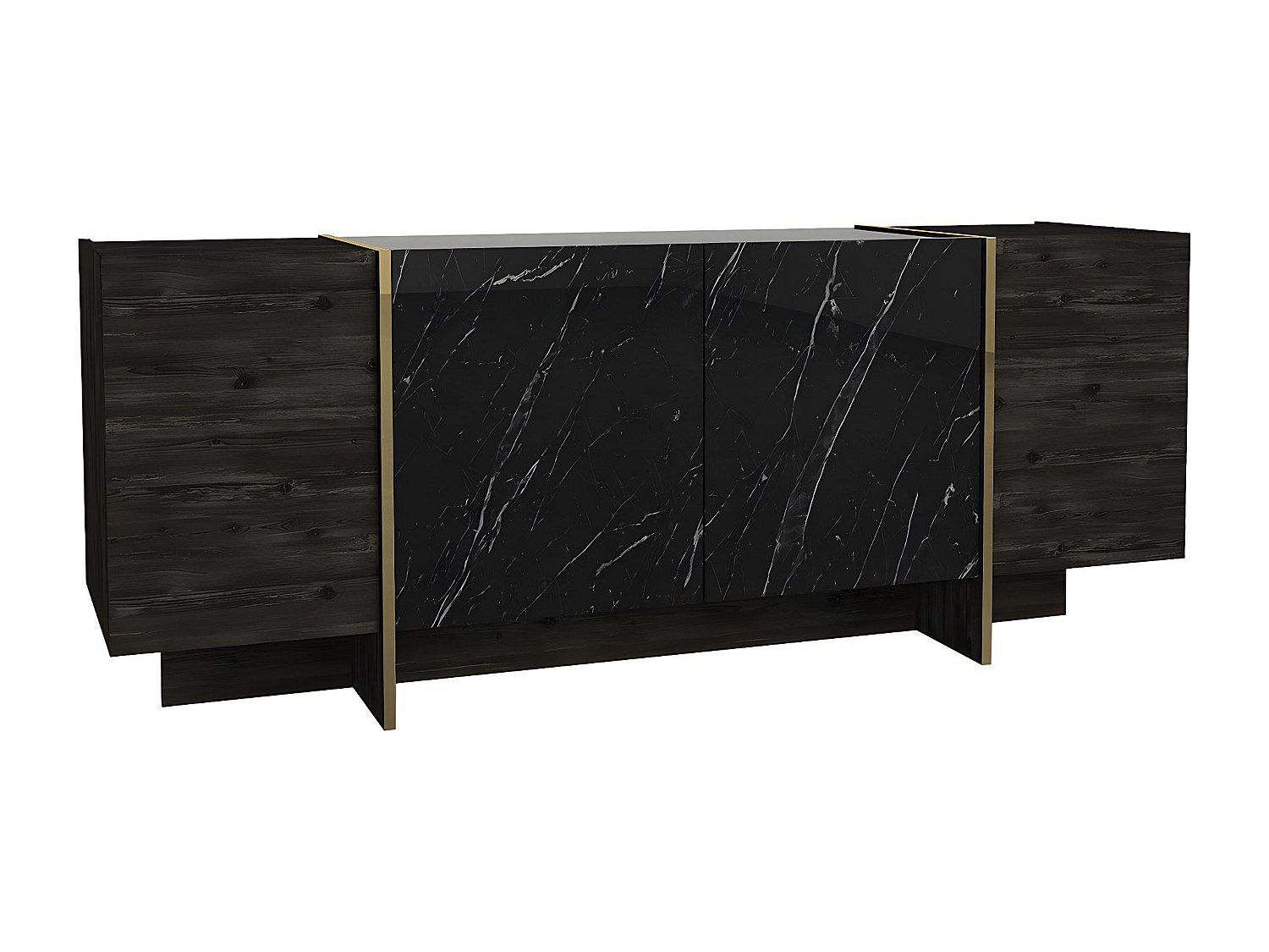 Sideboard mit 4 Türen – Marmor-Optik schwarz, dunkles Naturholz und Gold – günstig online kaufen