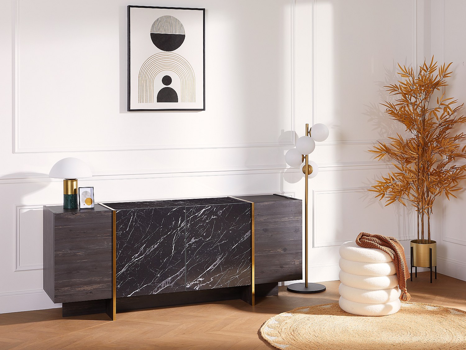 Sideboard mit 4 Türen – Marmor-Optik schwarz, dunkles Naturholz und Gold – günstig online kaufen