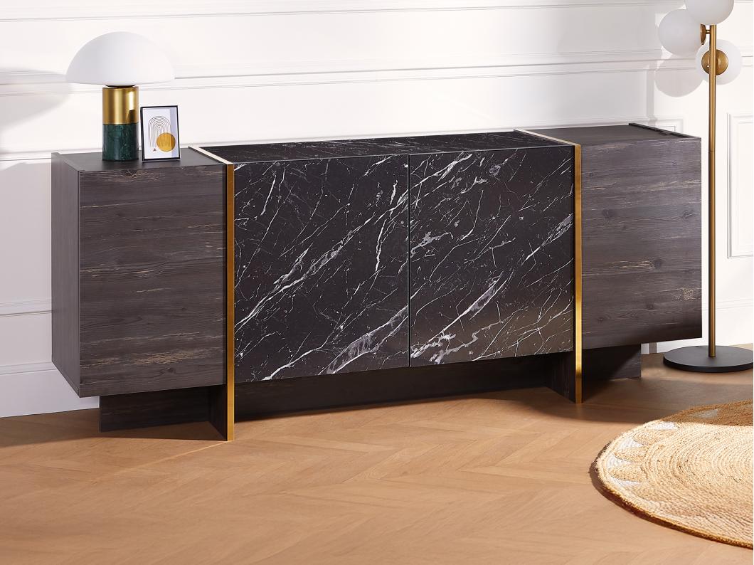 Buffet avec 4 portes - Effet marbre noir, naturel foncé et doré - CADEBA II