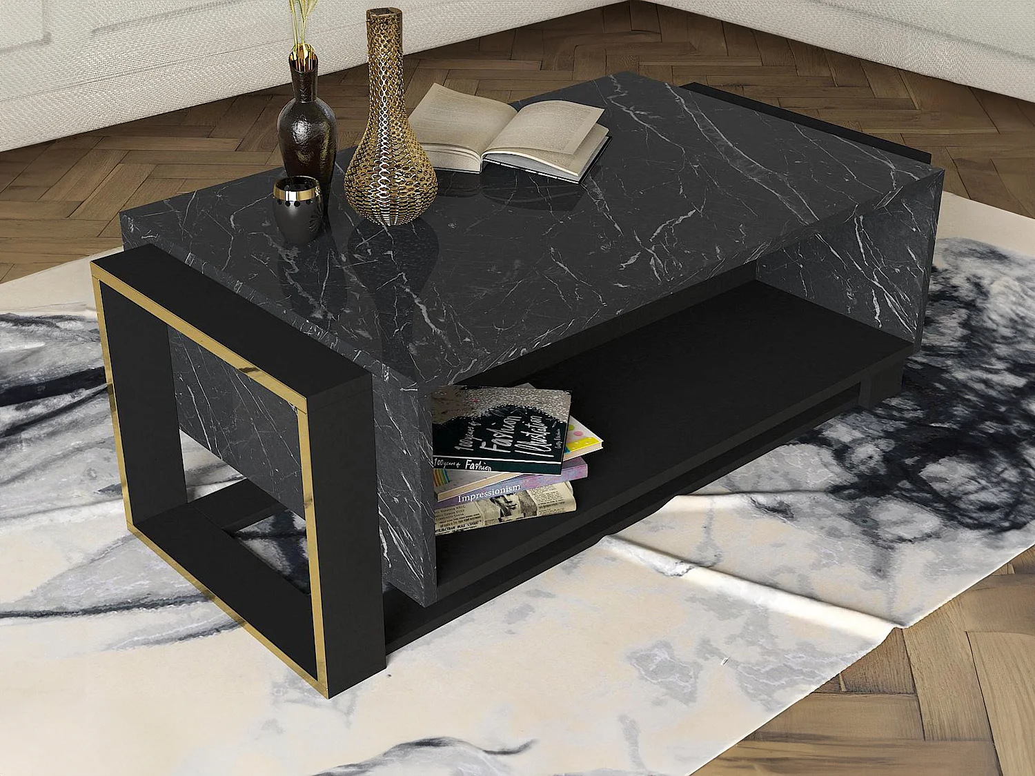 Table basse avec 1 niche - Effet marbre noir et doré - COMEBI