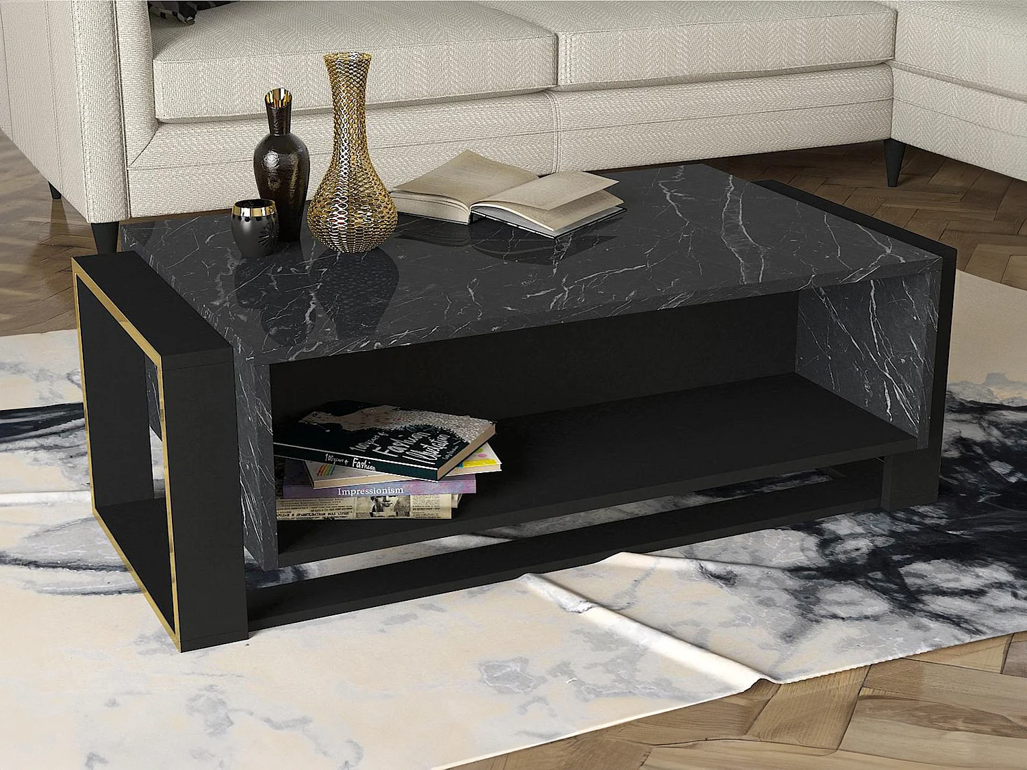 Mesa de centro con 1 estante - Efecto mármol negro y dorado - COMEBI