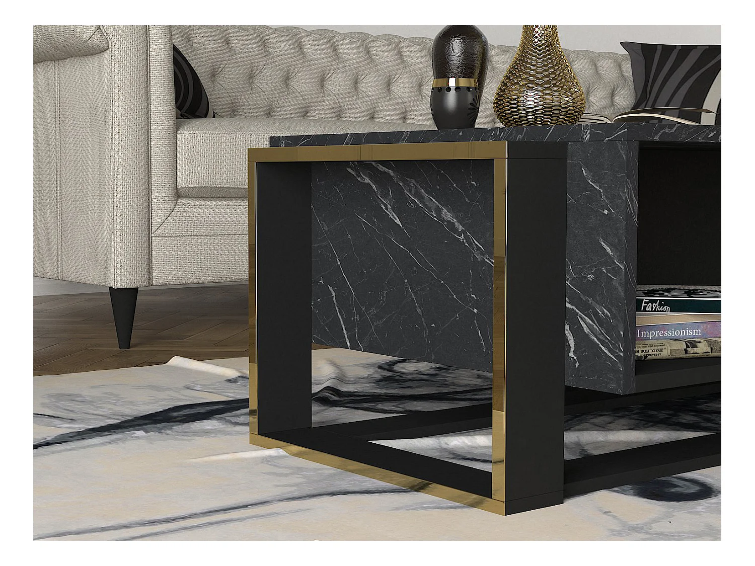 Mesa de centro con 1 estante - Efecto mármol negro y dorado - COMEBI