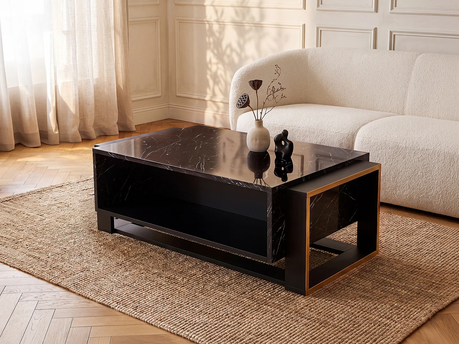 Salontafel met 1 vak - Look van zwart marmer en goud - COMEBI
