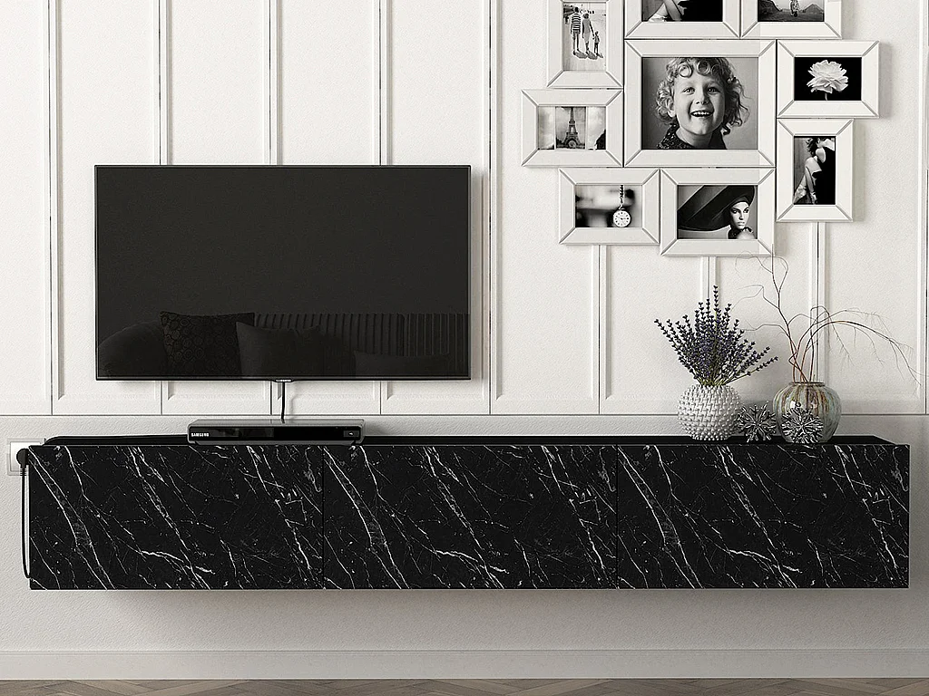 Meuble TV suspendu avec 3 portes - Effet marbre noir - VIKILA