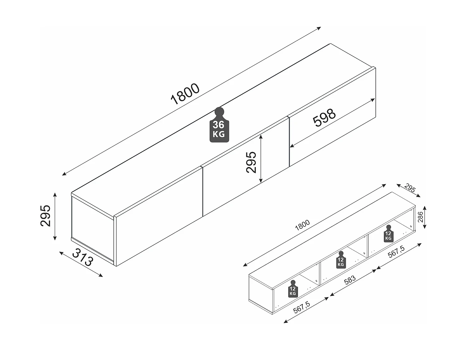 Meuble TV suspendu avec 3 portes - Effet marbre noir - VIKILA