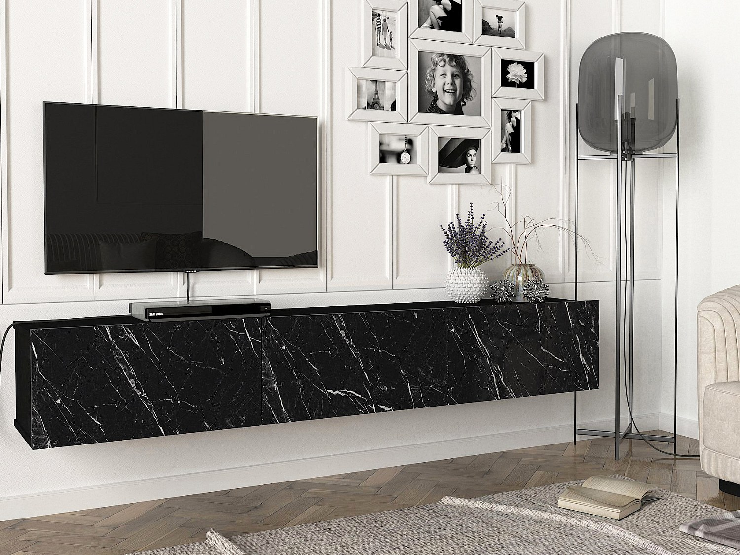 Vente-unique Tv-Hängemöbel Mit 3 Türen - Marmor-Optik Schwarz - Vikila