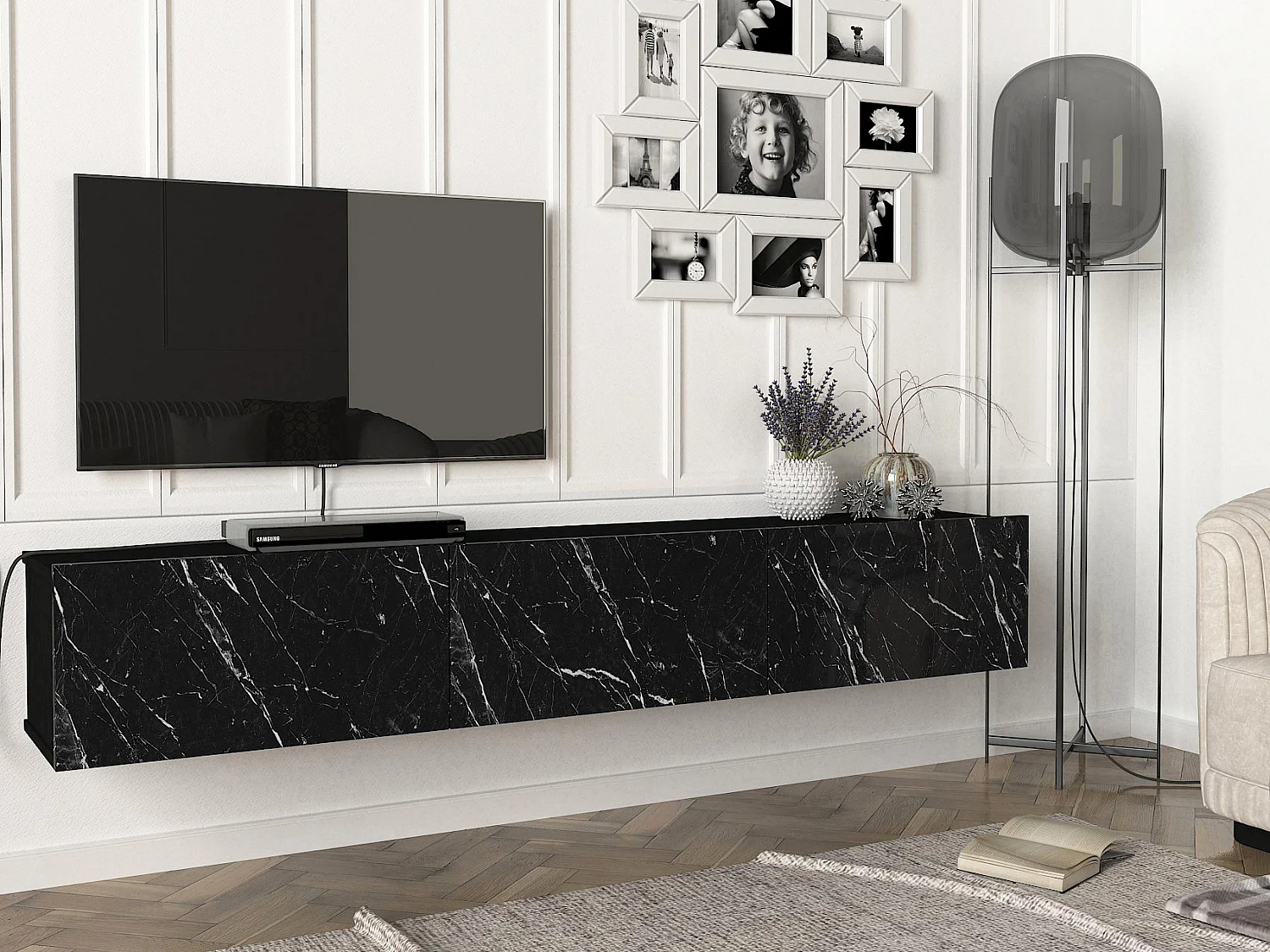 Meuble TV suspendu avec 3 portes - Effet marbre noir - VIKILA