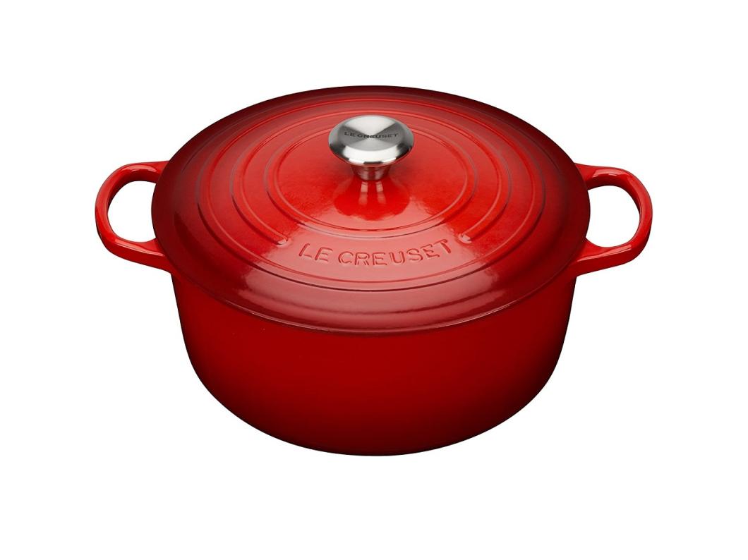 Cocotte redonda de hierro fundido esmaltado Signature 28cm Cerise con tapa de acero inoxidable resistente al calor