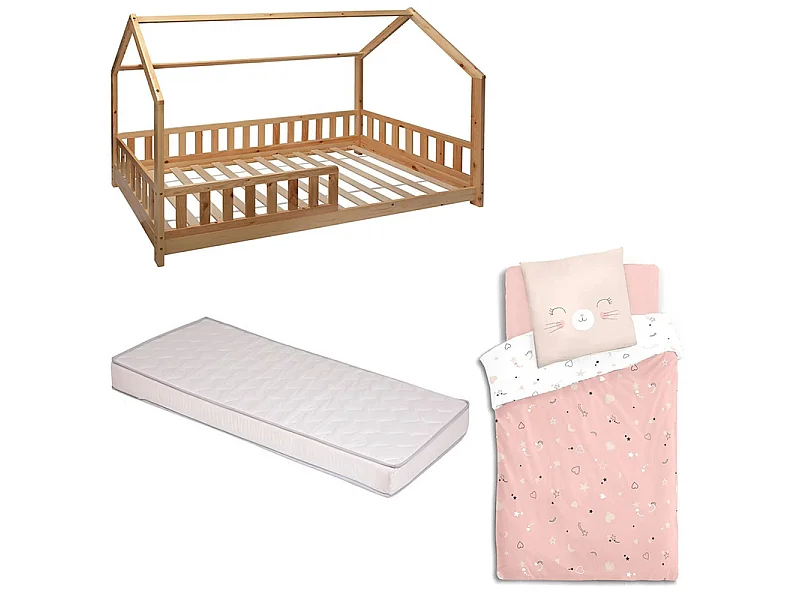 Lit enfant Bosco avec matelas et parure de lit Chat