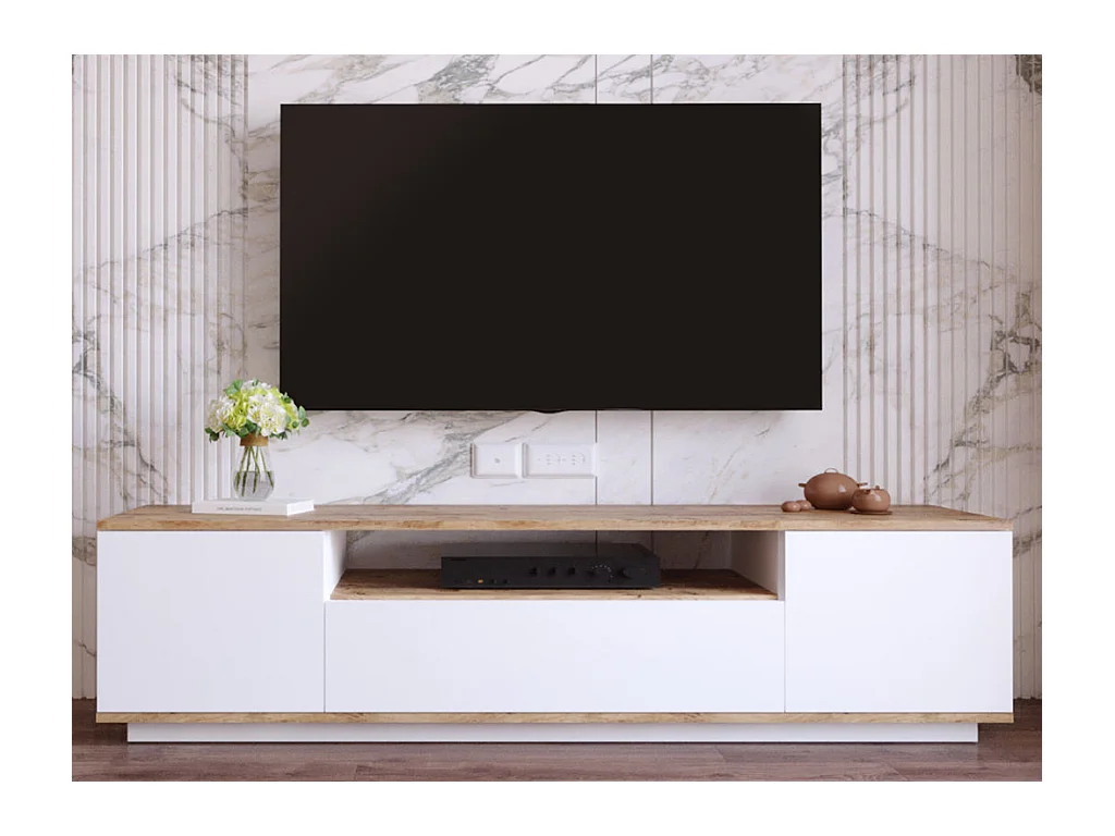 Tv-meubel met 3 deuren en 1 nis - Wit en naturel - LOTULA