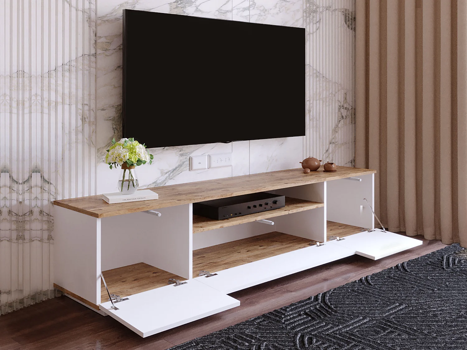 Meuble TV avec 3 portes et 1 niche - Blanc et naturel - LOTULA