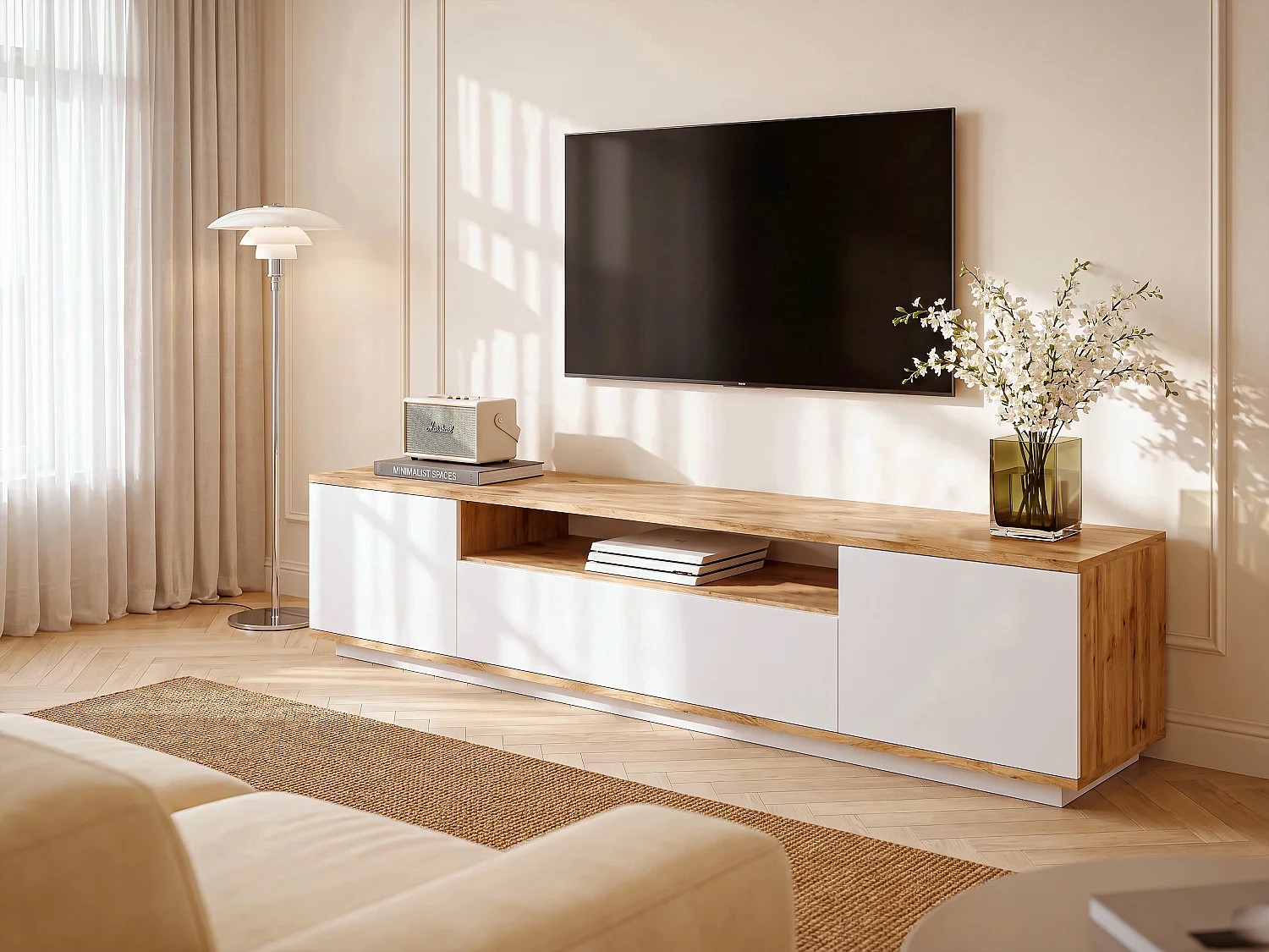Tv-meubel met 3 deuren en 1 nis - Wit en naturel - LOTULA