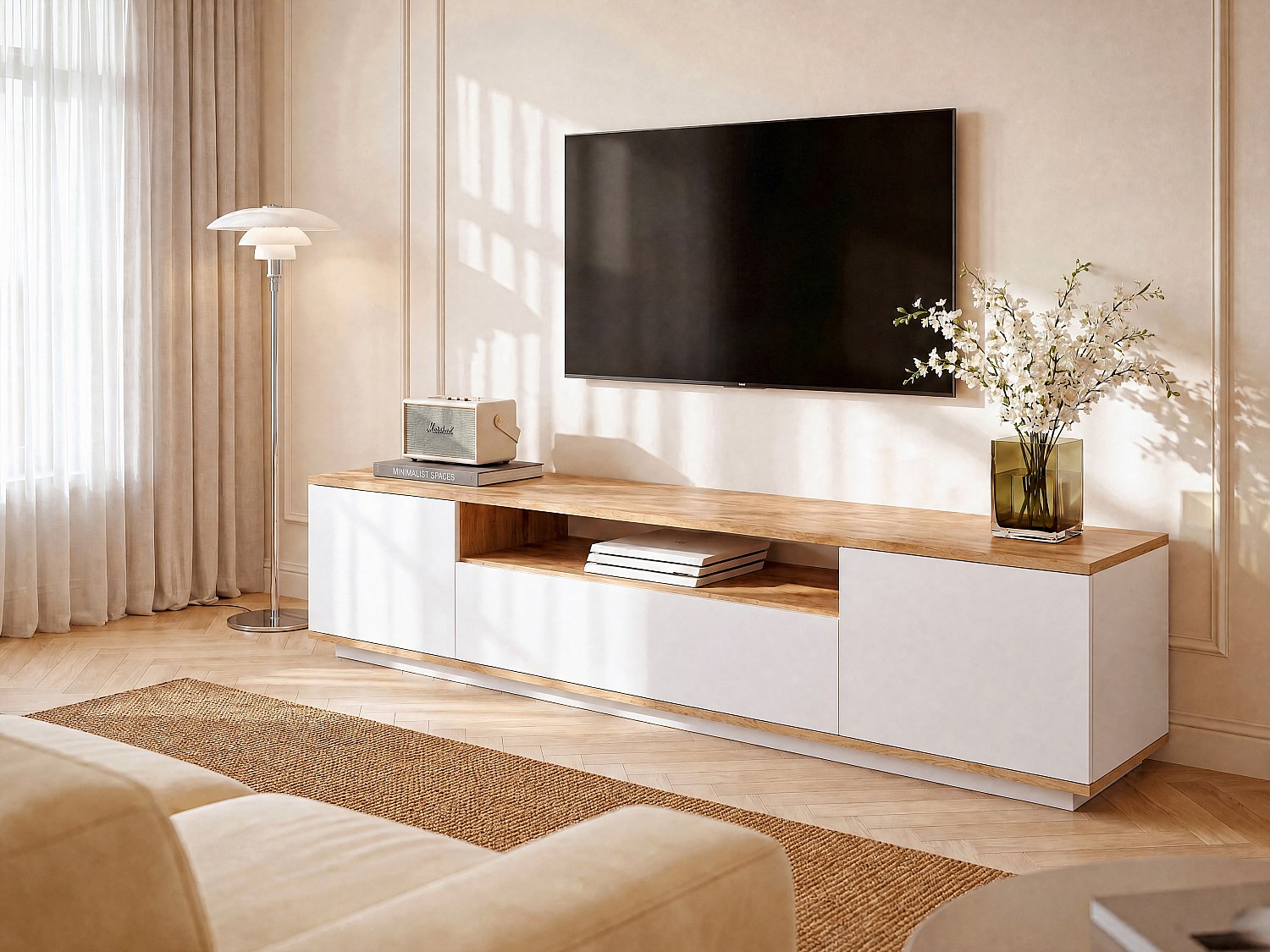 TV-Möbel mit 3 Türen & 1 Ablagefach - Weiß & Holzfarben - LOTULA